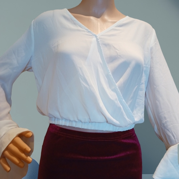 U2B Women's White Flounce Sleeve Sheer Cropped Blouse - Picture 12 of 16